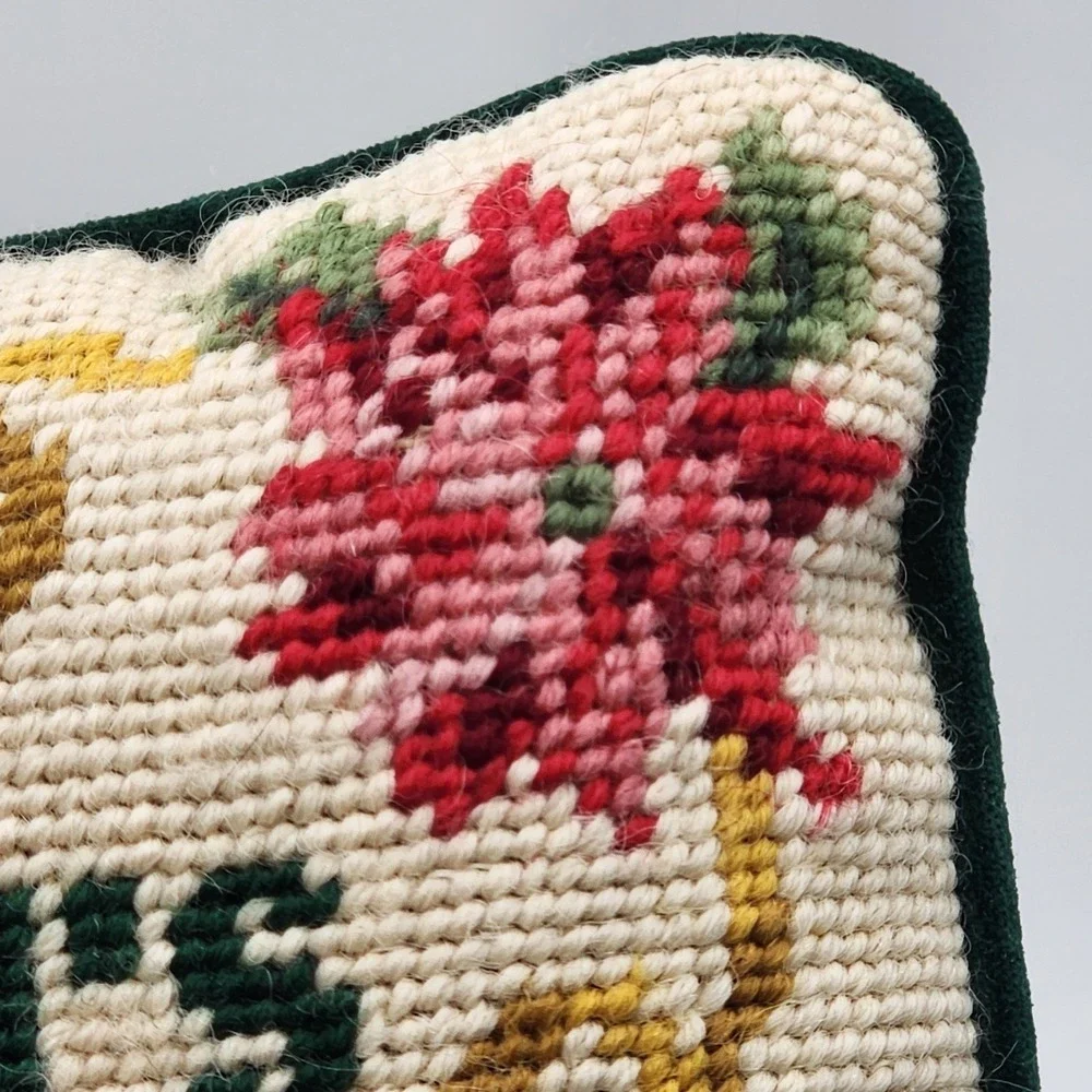 Vintage Seasons Greetings Needlepoint Pillow Christmas Poinsettia Holiday Decor